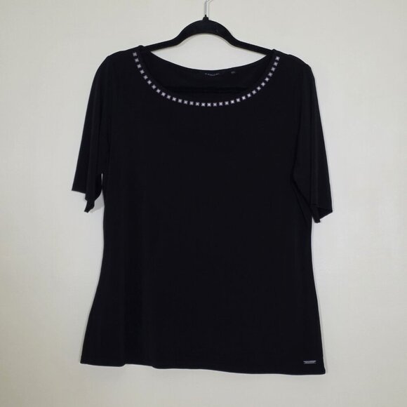 Tahari Top Womens L Black SS Studs Stretch Whimsigoth Office Mature Logo Capsule - Picture 15 of 16